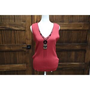 Ruby Rd Shirt Women Large Red Maroon‎ Sleeveless Ribbed Tank With Necklace Boho